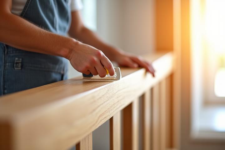 Close-up of a wooden stair surface being treated with a clear, low-VOC finish, showing a clean, well-ventilated home environment in the background.